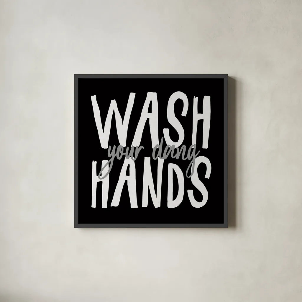 Bathroom Advice I BW by Wild Apple Portfolio. Shown in a sleek black glass frame for a contemporary gallery look. Available as an archival giclee rolled canvas, fine art paper, or poster print. SKU 84765a.