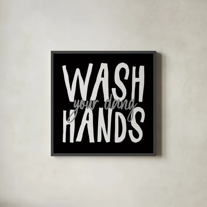 Bathroom Advice I BW by Wild Apple Portfolio. Shown in a sleek black glass frame for a contemporary gallery look. Available as an archival giclee rolled canvas, fine art paper, or poster print. SKU 84765a.