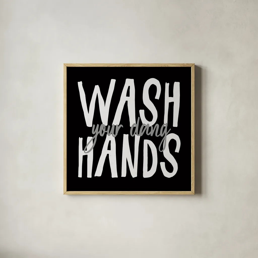 Bathroom Advice I BW by Wild Apple Portfolio. Shown in a natural wood glass frame for a timeless modern aesthetic. Available as an archival giclee rolled canvas, fine art paper, or poster print. SKU 84765a.