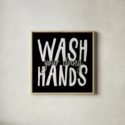 Bathroom Advice I BW by Wild Apple Portfolio. Shown in a natural wood glass frame for a timeless modern aesthetic. Available as an archival giclee rolled canvas, fine art paper, or poster print. SKU 84765a.