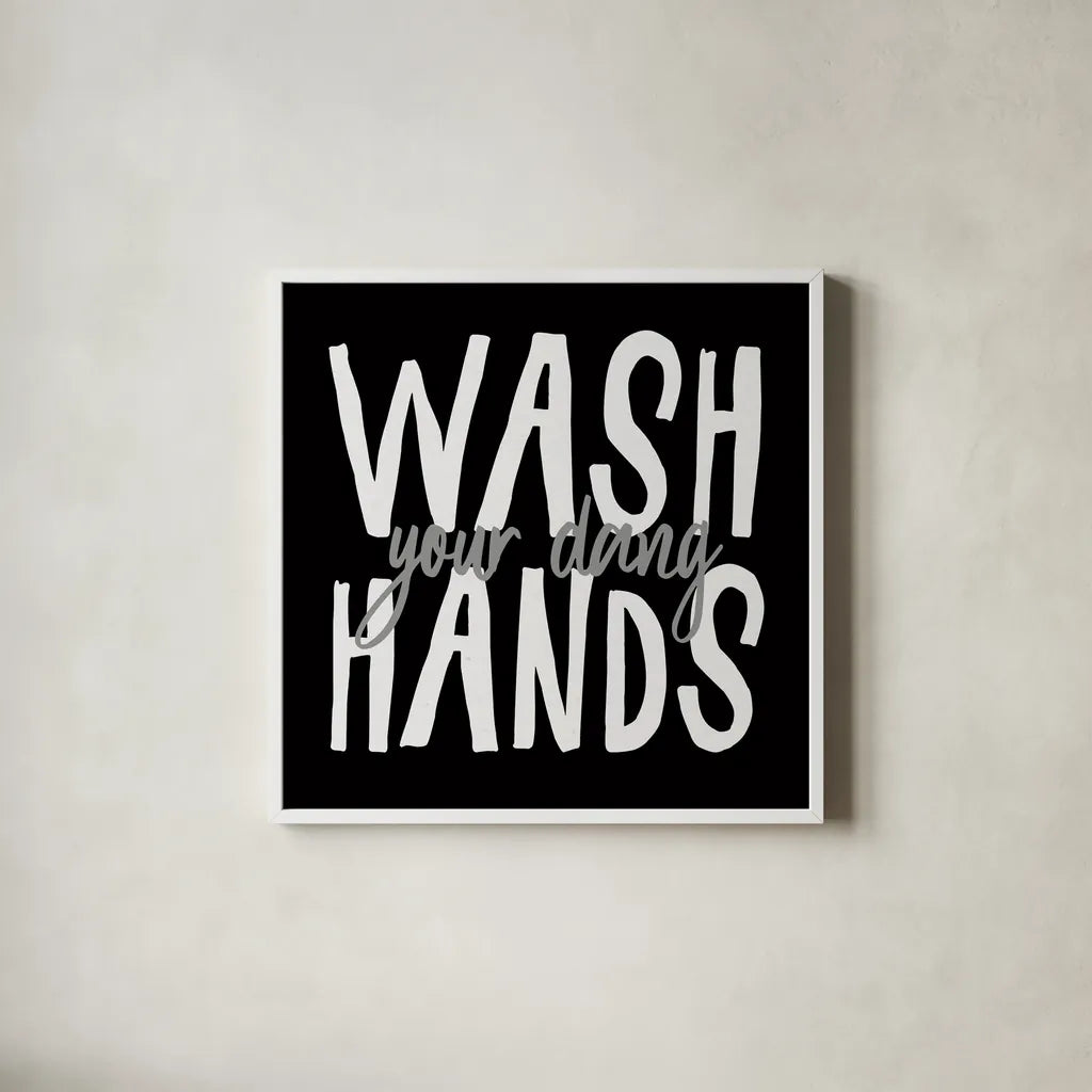 Bathroom Advice I BW by Wild Apple Portfolio. Shown in a crisp white glass frame for a clean and minimalist style. Available as an archival giclee rolled canvas, fine art paper, or poster print. SKU 84765a.