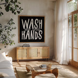 Bathroom Advice I BW by Wild Apple Portfolio. Shown in a natural wood frame in a cozy modern living room. Available as an archival giclee rolled canvas, fine art paper, or poster print. SKU 84765a.