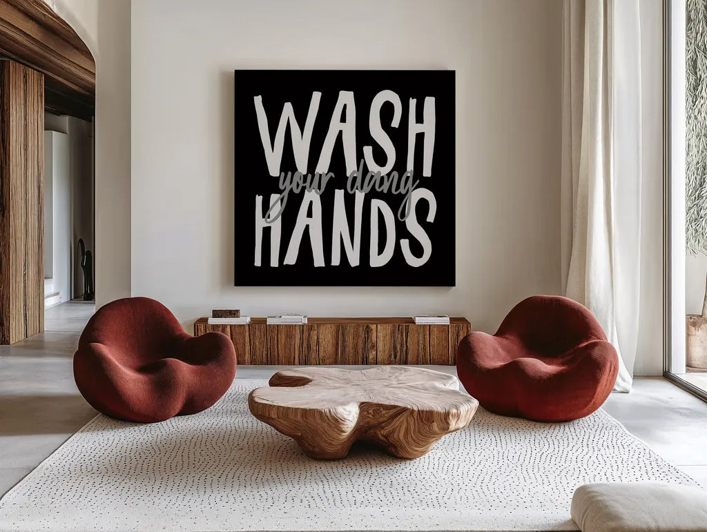 Bathroom Advice I BW by Wild Apple Portfolio. Shown as extra-large giant wall art in a modern living room. Available as an archival giclee rolled canvas, fine art paper, or poster print. SKU 84765a.