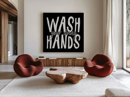 Bathroom Advice I BW by Wild Apple Portfolio. Shown as extra-large giant wall art in a modern living room. Available as an archival giclee rolled canvas, fine art paper, or poster print. SKU 84765a.