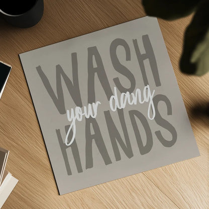 Bathroom Advice I Neutral by Wild Apple Portfolio. Shown as a detailed flat fine art print, highlighting archival giclee quality. Available as an archival giclee rolled canvas, fine art paper, or poster print. SKU 83202a.