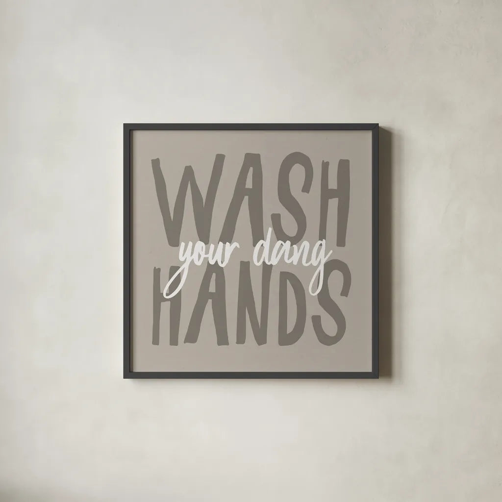 Bathroom Advice I Neutral by Wild Apple Portfolio. Shown in a sleek black glass frame for a contemporary gallery look. Available as an archival giclee rolled canvas, fine art paper, or poster print. SKU 83202a.