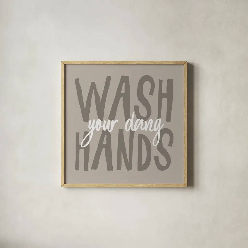 Bathroom Advice I Neutral by Wild Apple Portfolio. Shown in a natural wood glass frame for a timeless modern aesthetic. Available as an archival giclee rolled canvas, fine art paper, or poster print. SKU 83202a.