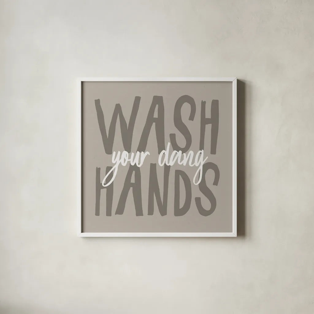 Bathroom Advice I Neutral by Wild Apple Portfolio. Shown in a crisp white glass frame for a clean and minimalist style. Available as an archival giclee rolled canvas, fine art paper, or poster print. SKU 83202a.