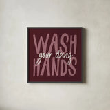 Bathroom Advice I Purple by Wild Apple Portfolio. Shown in a sleek black glass frame for a contemporary gallery look. Available as an archival giclee rolled canvas, fine art paper, or poster print. SKU 68259a.