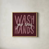 Bathroom Advice I Purple by Wild Apple Portfolio. Shown in a natural wood glass frame for a timeless modern aesthetic. Available as an archival giclee rolled canvas, fine art paper, or poster print. SKU 68259a.