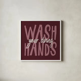 Bathroom Advice I Purple by Wild Apple Portfolio. Shown in a crisp white glass frame for a clean and minimalist style. Available as an archival giclee rolled canvas, fine art paper, or poster print. SKU 68259a.
