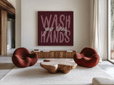 Bathroom Advice I Purple by Wild Apple Portfolio. Shown as extra-large giant wall art in a modern living room. Available as an archival giclee rolled canvas, fine art paper, or poster print. SKU 68259a.