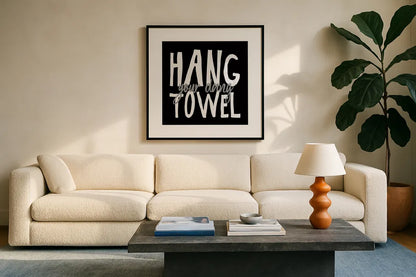 Bathroom Advice II BW by Wild Apple Portfolio. Displayed in a glass frame with matte in a clean modern living room. Available as an archival giclee rolled canvas, fine art paper, or poster print. SKU 84766a.