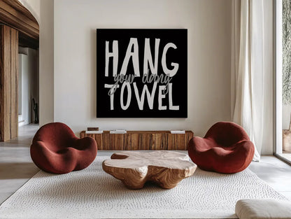 Bathroom Advice II BW by Wild Apple Portfolio. Shown as extra-large giant wall art in a modern living room. Available as an archival giclee rolled canvas, fine art paper, or poster print. SKU 84766a.