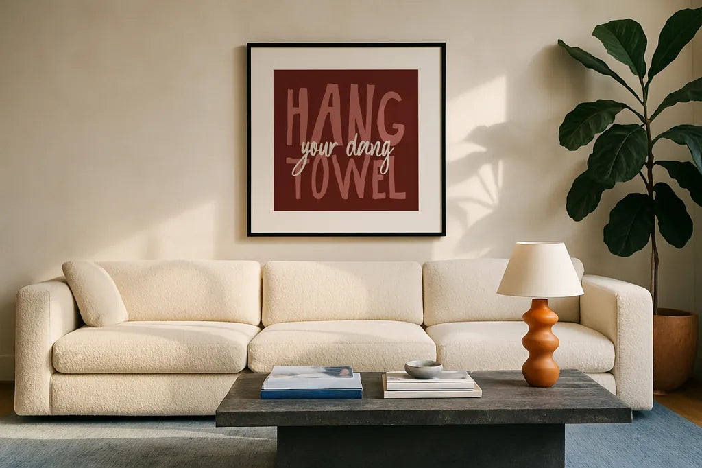 Bathroom Advice II Red by Wild Apple Portfolio. Displayed in a glass frame with matte in a clean modern living room. Available as an archival giclee rolled canvas, fine art paper, or poster print. SKU 68260a.