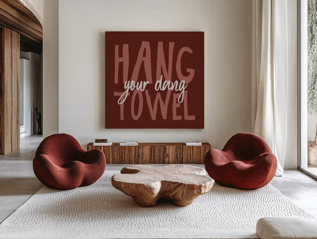 Bathroom Advice II Red by Wild Apple Portfolio. Shown as extra-large giant wall art in a modern living room. Available as an archival giclee rolled canvas, fine art paper, or poster print. SKU 68260a.