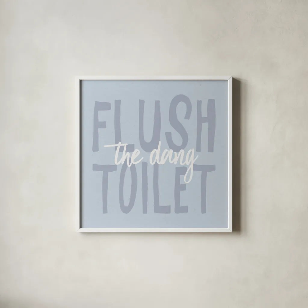 Bathroom Advice III by Wild Apple Portfolio. Shown in a crisp white glass frame for a clean and minimalist style. Available as an archival giclee rolled canvas, fine art paper, or poster print. SKU 62976a.