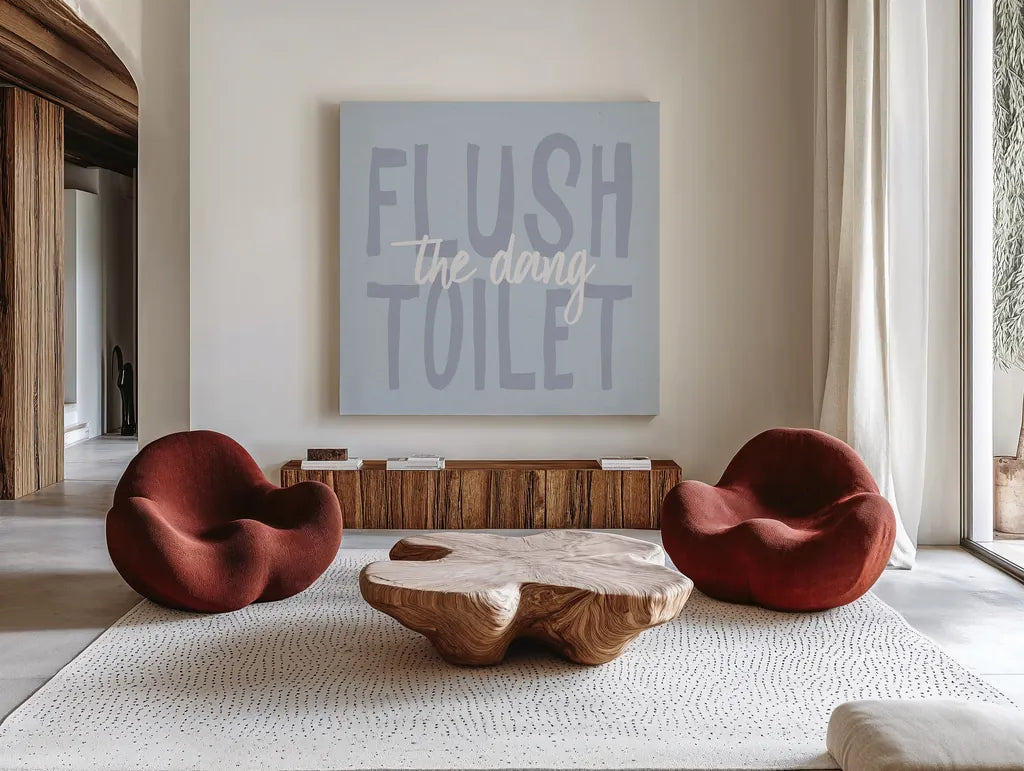 Bathroom Advice III by Wild Apple Portfolio. Shown as extra-large giant wall art in a modern living room. Available as an archival giclee rolled canvas, fine art paper, or poster print. SKU 62976a.