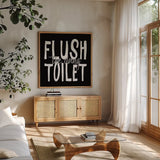 Bathroom Advice III BW by Wild Apple Portfolio. Shown in a natural wood frame in a cozy modern living room. Available as an archival giclee rolled canvas, fine art paper, or poster print. SKU 84767a.