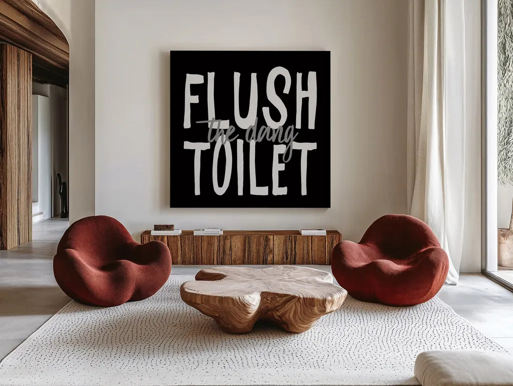 Bathroom Advice III BW by Wild Apple Portfolio. Shown as extra-large giant wall art in a modern living room. Available as an archival giclee rolled canvas, fine art paper, or poster print. SKU 84767a.