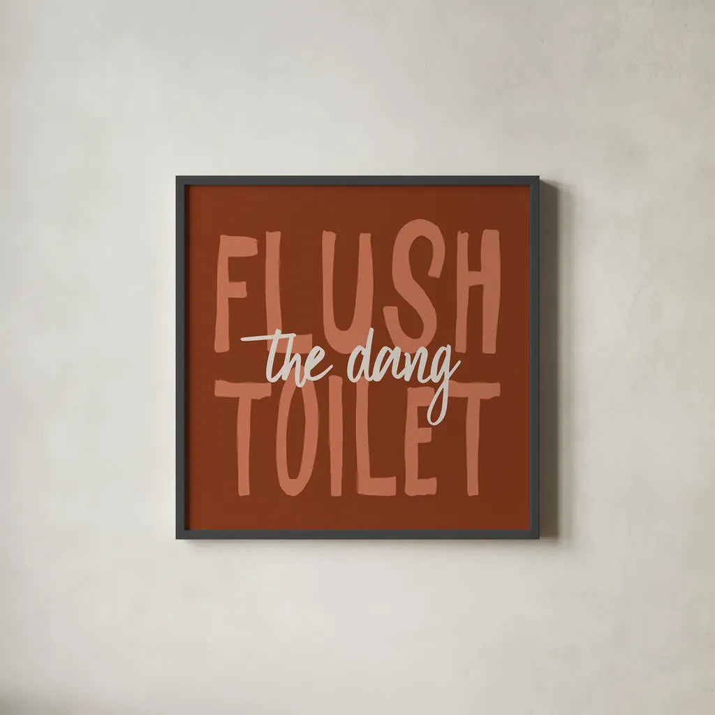 Bathroom Advice III Brown by Wild Apple Portfolio. Shown in a sleek black glass frame for a contemporary gallery look. Available as an archival giclee rolled canvas, fine art paper, or poster print. SKU 68261a.