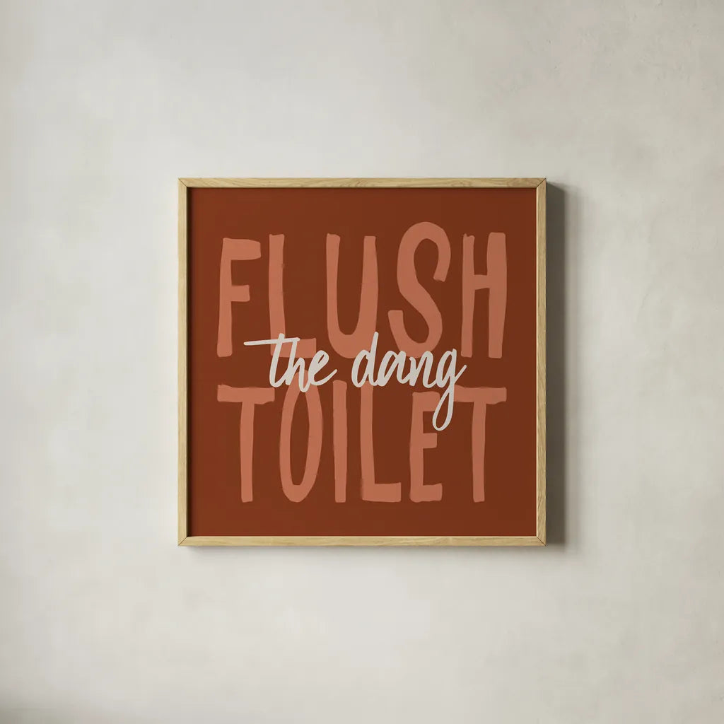 Bathroom Advice III Brown by Wild Apple Portfolio. Shown in a natural wood glass frame for a timeless modern aesthetic. Available as an archival giclee rolled canvas, fine art paper, or poster print. SKU 68261a.