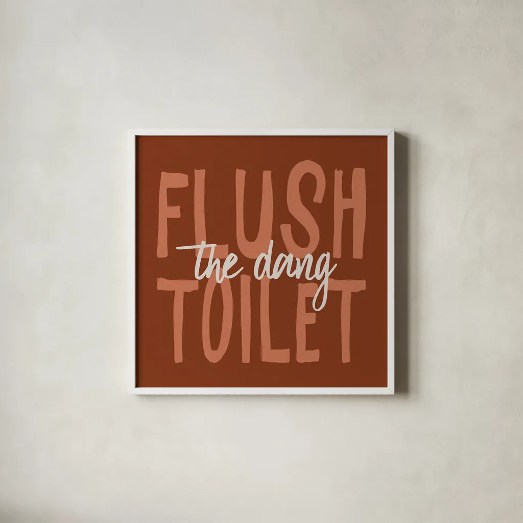 Bathroom Advice III Brown by Wild Apple Portfolio. Shown in a crisp white glass frame for a clean and minimalist style. Available as an archival giclee rolled canvas, fine art paper, or poster print. SKU 68261a.