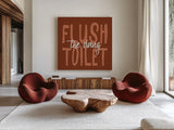Bathroom Advice III Brown by Wild Apple Portfolio. Shown as extra-large giant wall art in a modern living room. Available as an archival giclee rolled canvas, fine art paper, or poster print. SKU 68261a.