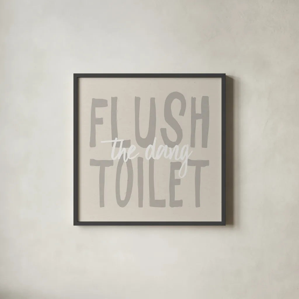 Bathroom Advice III Neutral by Wild Apple Portfolio. Shown in a sleek black glass frame for a contemporary gallery look. Available as an archival giclee rolled canvas, fine art paper, or poster print. SKU 83203a.