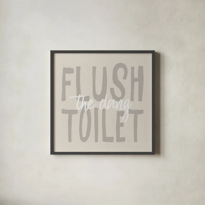 Bathroom Advice III Neutral by Wild Apple Portfolio. Shown in a sleek black glass frame for a contemporary gallery look. Available as an archival giclee rolled canvas, fine art paper, or poster print. SKU 83203a.