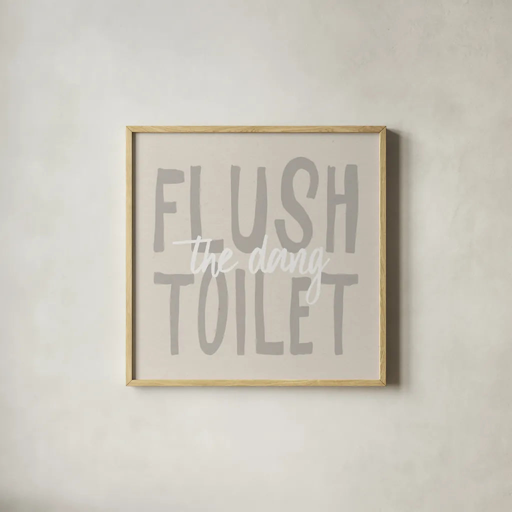 Bathroom Advice III Neutral by Wild Apple Portfolio. Shown in a natural wood glass frame for a timeless modern aesthetic. Available as an archival giclee rolled canvas, fine art paper, or poster print. SKU 83203a.