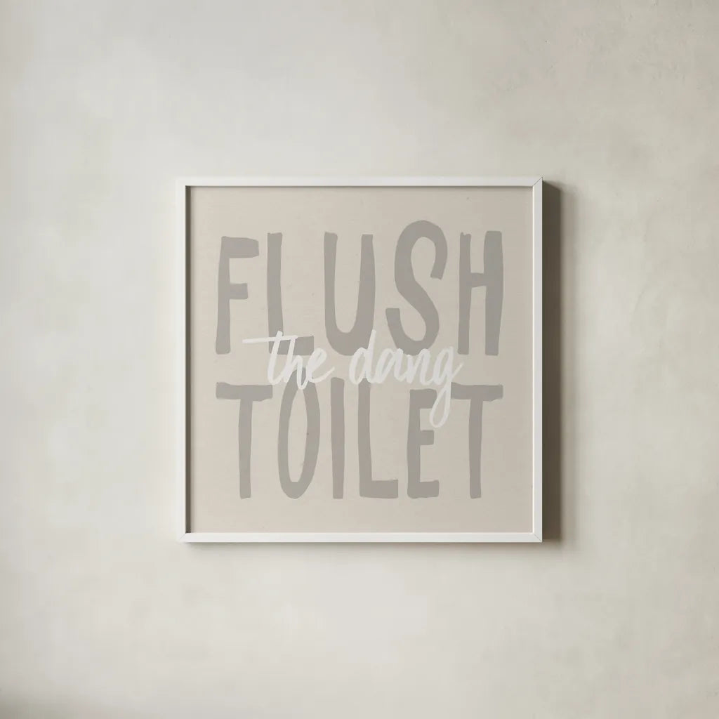 Bathroom Advice III Neutral by Wild Apple Portfolio. Shown in a crisp white glass frame for a clean and minimalist style. Available as an archival giclee rolled canvas, fine art paper, or poster print. SKU 83203a.