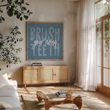 Bathroom Advice IV by Wild Apple Portfolio. Shown in a natural wood frame in a cozy modern living room. Available as an archival giclee rolled canvas, fine art paper, or poster print. SKU 62977a.