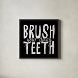 Bathroom Advice IV BW by Wild Apple Portfolio. Shown in a sleek black glass frame for a contemporary gallery look. Available as an archival giclee rolled canvas, fine art paper, or poster print. SKU 84768a.