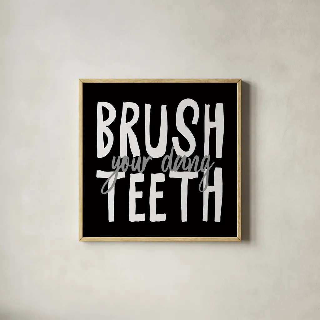 Bathroom Advice IV BW by Wild Apple Portfolio. Shown in a natural wood glass frame for a timeless modern aesthetic. Available as an archival giclee rolled canvas, fine art paper, or poster print. SKU 84768a.