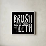 Bathroom Advice IV BW by Wild Apple Portfolio. Shown in a crisp white glass frame for a clean and minimalist style. Available as an archival giclee rolled canvas, fine art paper, or poster print. SKU 84768a.