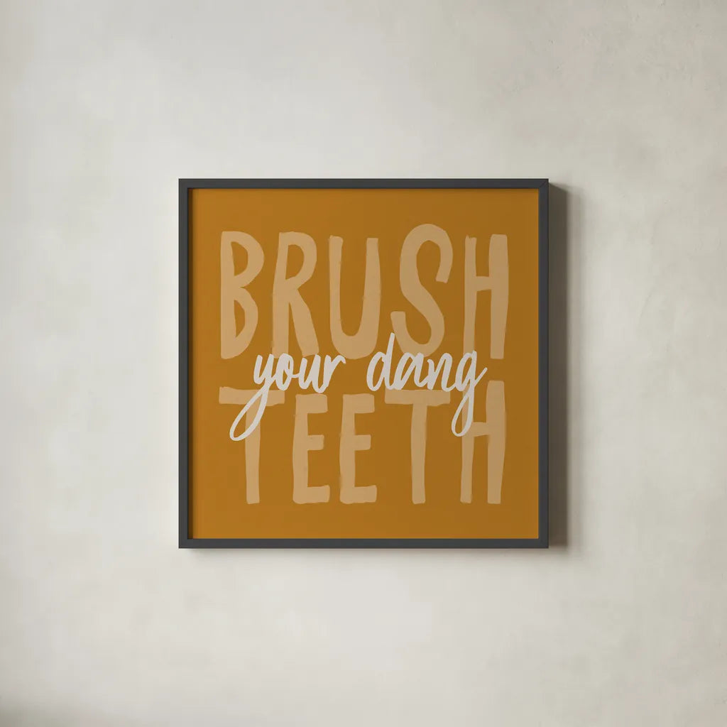 Bathroom Advice IV Yellow by Wild Apple Portfolio. Shown in a sleek black glass frame for a contemporary gallery look. Available as an archival giclee rolled canvas, fine art paper, or poster print. SKU 68262a.