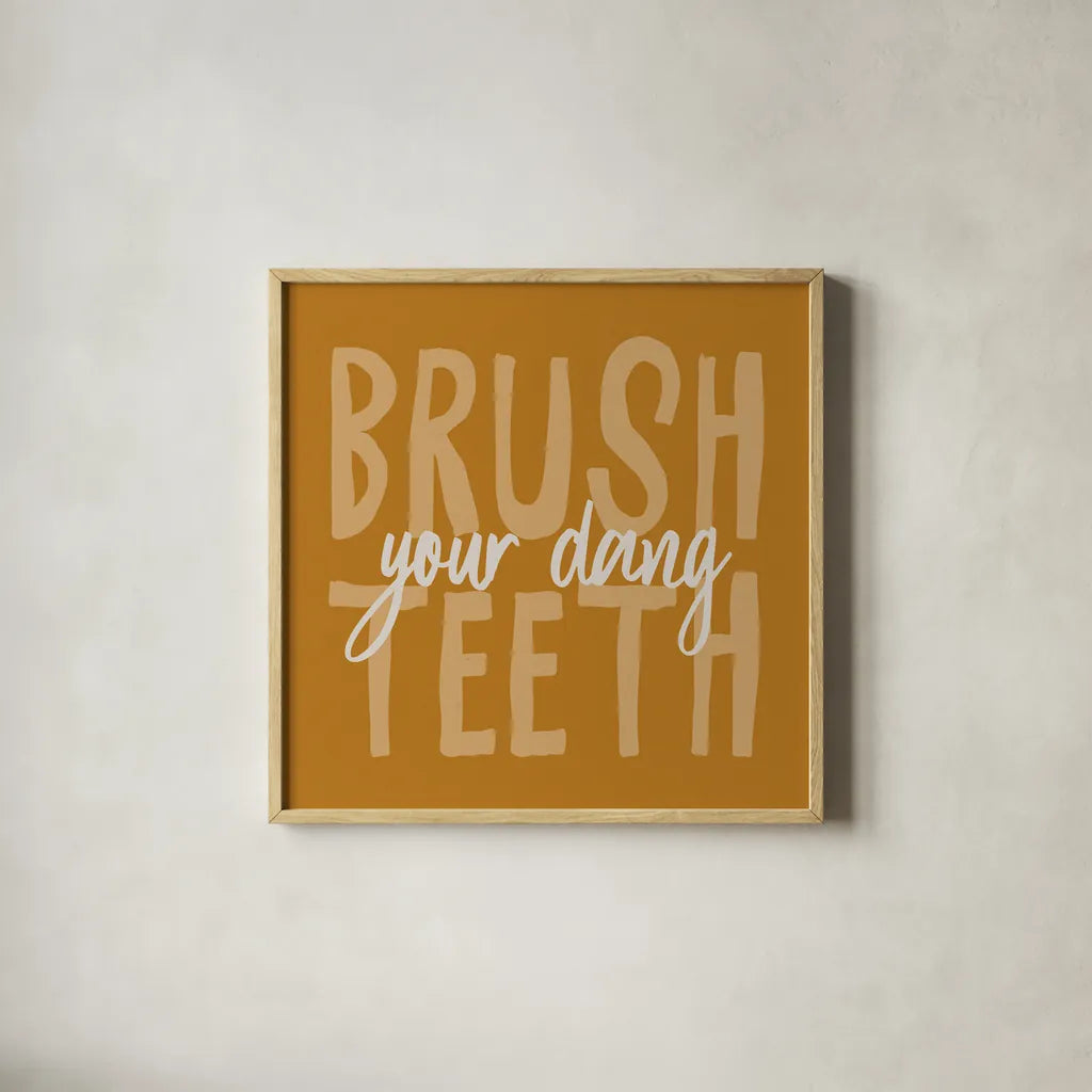 Bathroom Advice IV Yellow by Wild Apple Portfolio. Shown in a natural wood glass frame for a timeless modern aesthetic. Available as an archival giclee rolled canvas, fine art paper, or poster print. SKU 68262a.