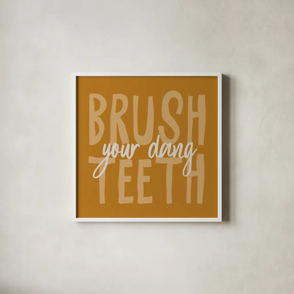 Bathroom Advice IV Yellow by Wild Apple Portfolio. Shown in a crisp white glass frame for a clean and minimalist style. Available as an archival giclee rolled canvas, fine art paper, or poster print. SKU 68262a.