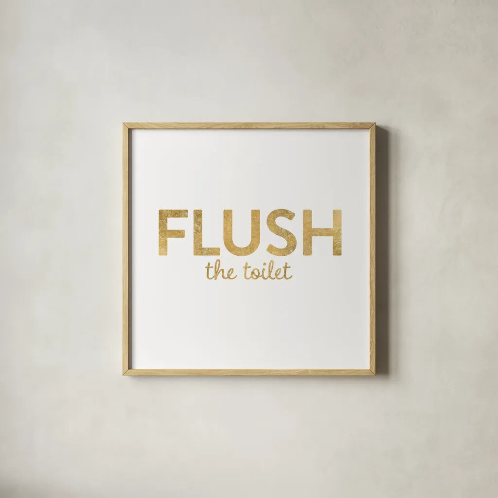 Bathroom Etiquette II by Wild Apple Portfolio. Shown in a natural wood glass frame for a timeless modern aesthetic. Available as an archival giclee rolled canvas, fine art paper, or poster print. SKU 30861a.