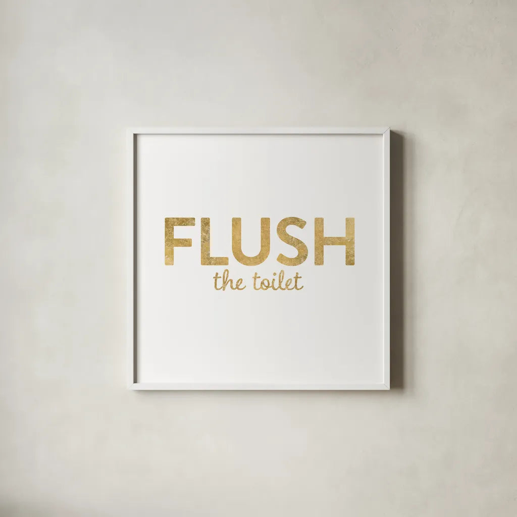 Bathroom Etiquette II by Wild Apple Portfolio. Shown in a crisp white glass frame for a clean and minimalist style. Available as an archival giclee rolled canvas, fine art paper, or poster print. SKU 30861a.