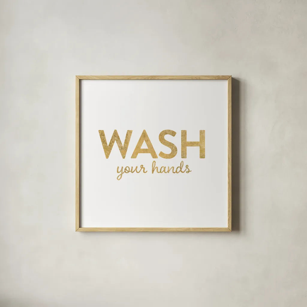 Bathroom Etiquette IV by Wild Apple Portfolio. Shown in a natural wood glass frame for a timeless modern aesthetic. Available as an archival giclee rolled canvas, fine art paper, or poster print. SKU 30863a.