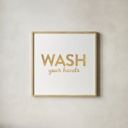 Bathroom Etiquette IV by Wild Apple Portfolio. Shown in a natural wood glass frame for a timeless modern aesthetic. Available as an archival giclee rolled canvas, fine art paper, or poster print. SKU 30863a.