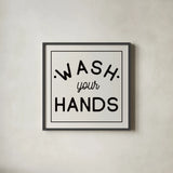 Bathroom Rules I Sq by Wild Apple Portfolio. Shown in a sleek black glass frame for a contemporary gallery look. Available as an archival giclee rolled canvas, fine art paper, or poster print. SKU 64936a.