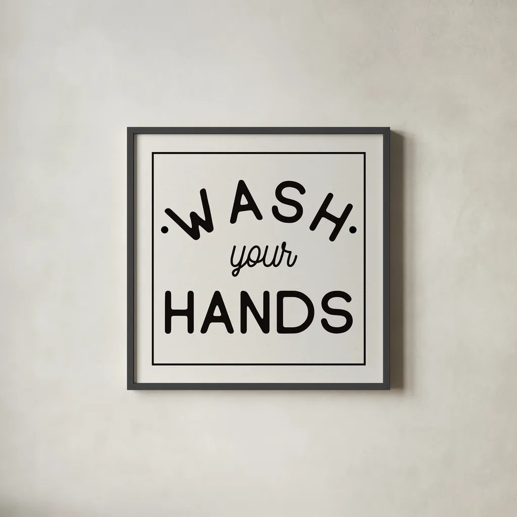 Bathroom Rules I Sq by Wild Apple Portfolio. Shown in a sleek black glass frame for a contemporary gallery look. Available as an archival giclee rolled canvas, fine art paper, or poster print. SKU 64936a.