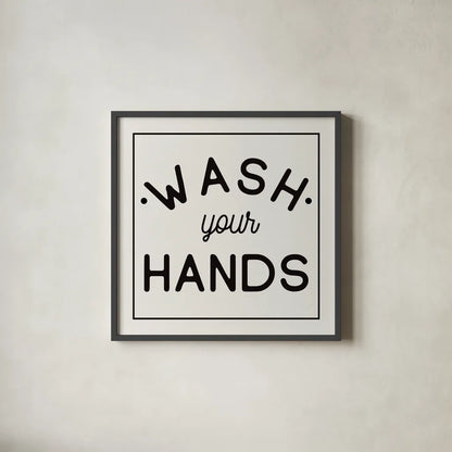 Bathroom Rules I Sq by Wild Apple Portfolio. Shown in a sleek black glass frame for a contemporary gallery look. Available as an archival giclee rolled canvas, fine art paper, or poster print. SKU 64936a.