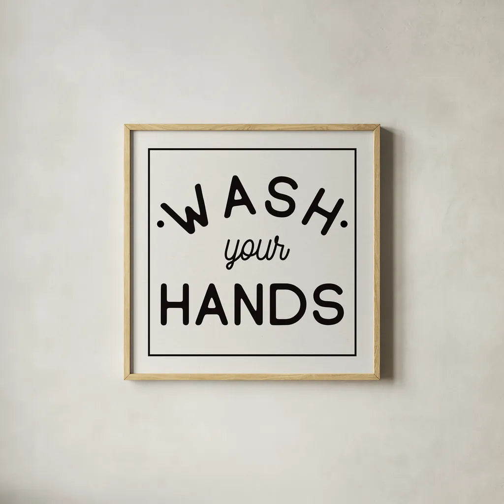 Bathroom Rules I Sq by Wild Apple Portfolio. Shown in a natural wood glass frame for a timeless modern aesthetic. Available as an archival giclee rolled canvas, fine art paper, or poster print. SKU 64936a.