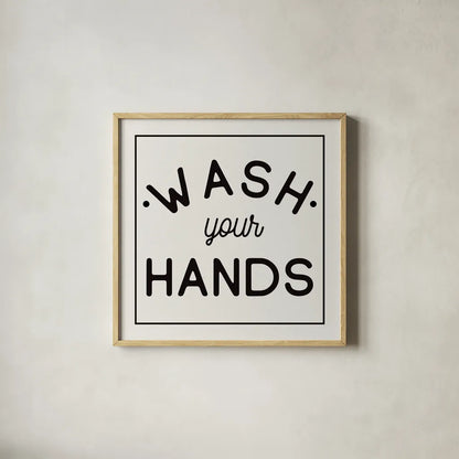 Bathroom Rules I Sq by Wild Apple Portfolio. Shown in a natural wood glass frame for a timeless modern aesthetic. Available as an archival giclee rolled canvas, fine art paper, or poster print. SKU 64936a.
