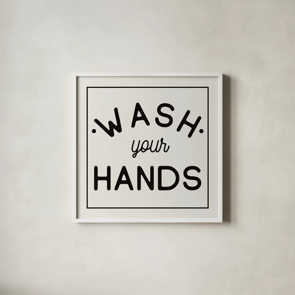 Bathroom Rules I Sq by Wild Apple Portfolio. Shown in a crisp white glass frame for a clean and minimalist style. Available as an archival giclee rolled canvas, fine art paper, or poster print. SKU 64936a.