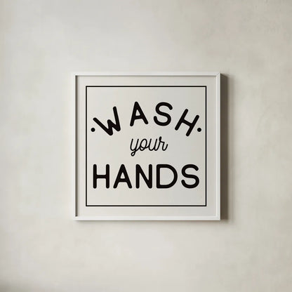 Bathroom Rules I Sq by Wild Apple Portfolio. Shown in a crisp white glass frame for a clean and minimalist style. Available as an archival giclee rolled canvas, fine art paper, or poster print. SKU 64936a.